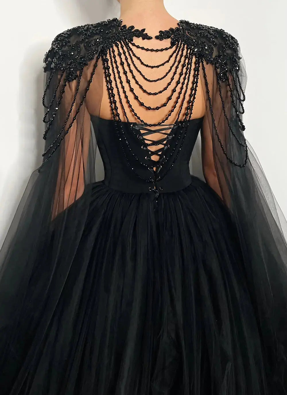 Black Luxury Gothic Wedding Dress Beaded Tulle Ball Gown With Sheer Beaded Cape ZP028