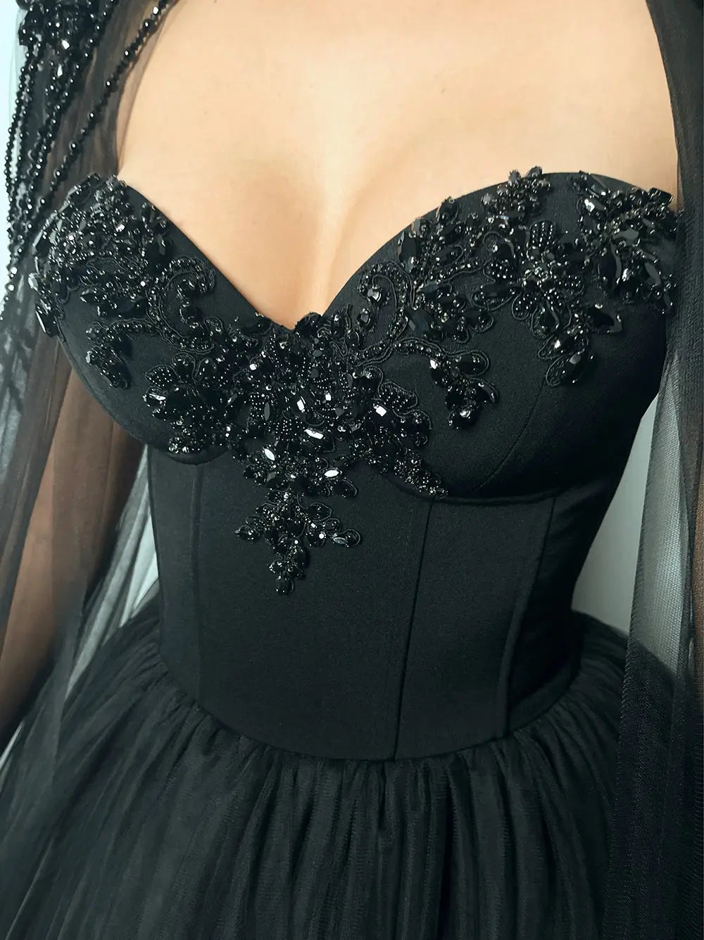 Black Luxury Gothic Wedding Dress Beaded Tulle Ball Gown With Sheer Beaded Cape ZP028