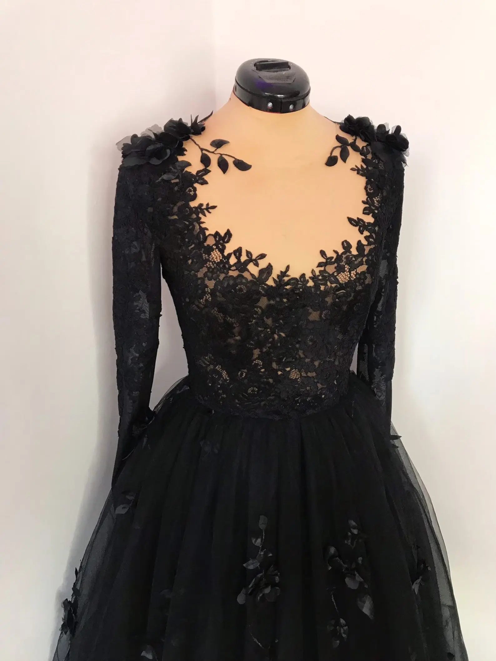 Black Luxury Gothic Wedding Dress 3D Floral Lace Tulle Sweep Train ZP026