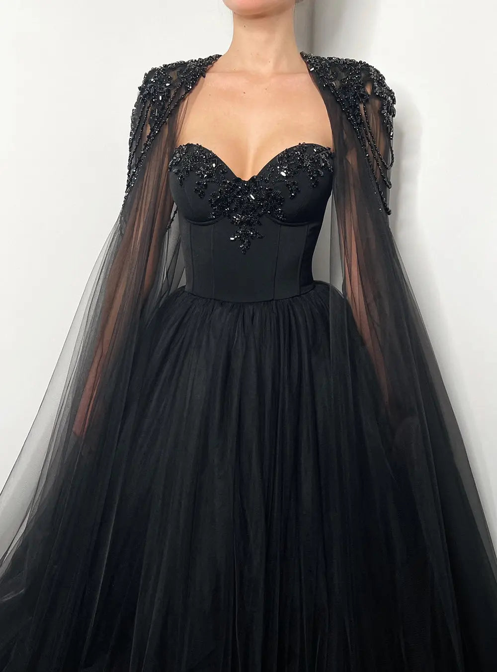 Black Luxury Gothic Wedding Dress Beaded Tulle Ball Gown With Sheer Beaded Cape ZP028