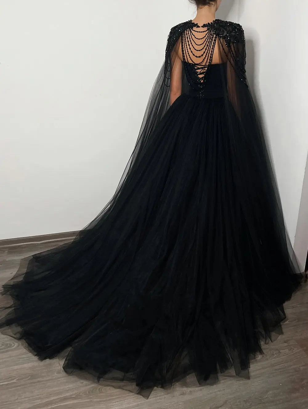 Black Luxury Gothic Wedding Dress Beaded Tulle Ball Gown With Sheer Beaded Cape ZP028