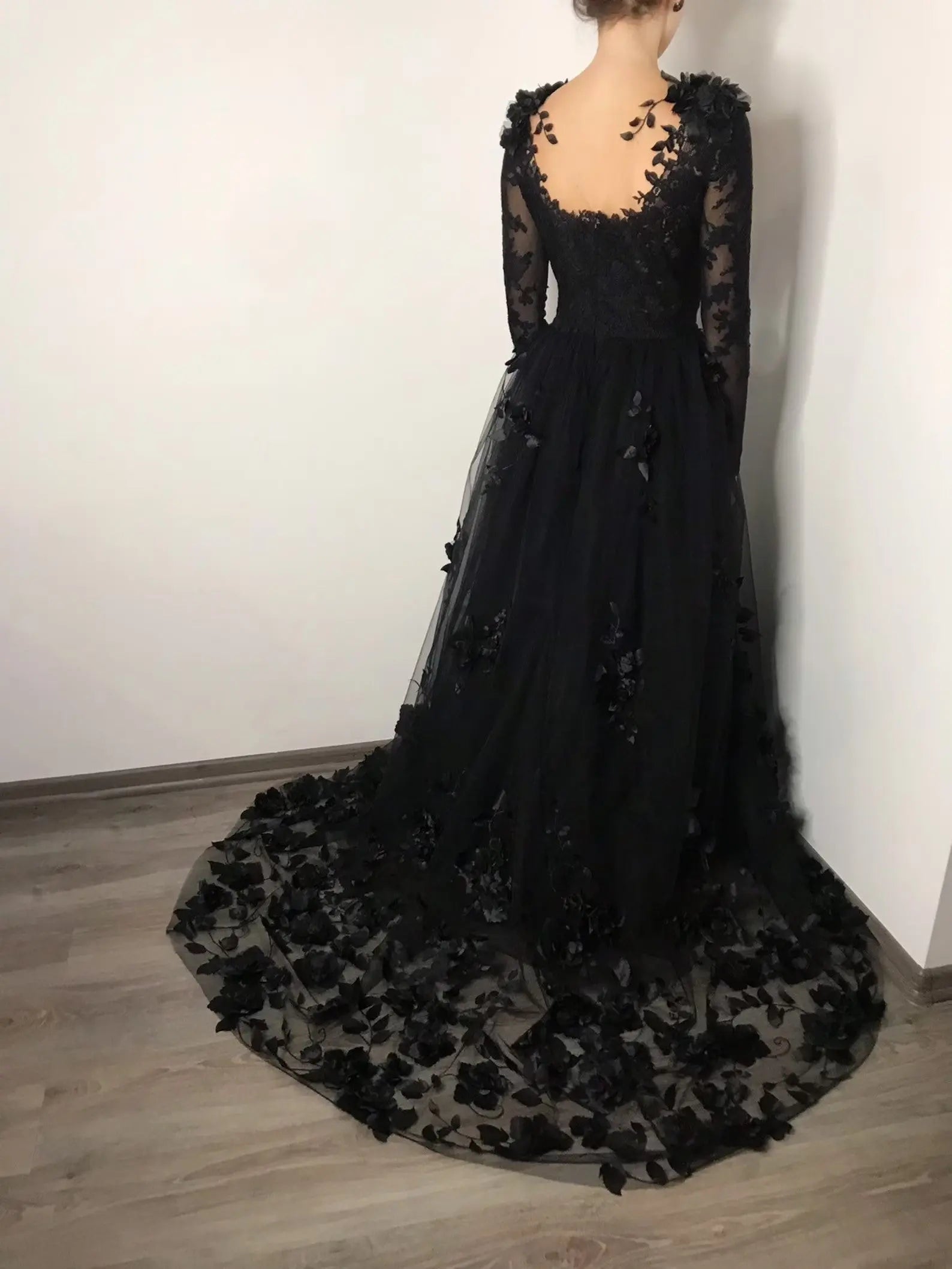 Black Luxury Gothic Wedding Dress 3D Floral Lace Tulle Sweep Train ZP026