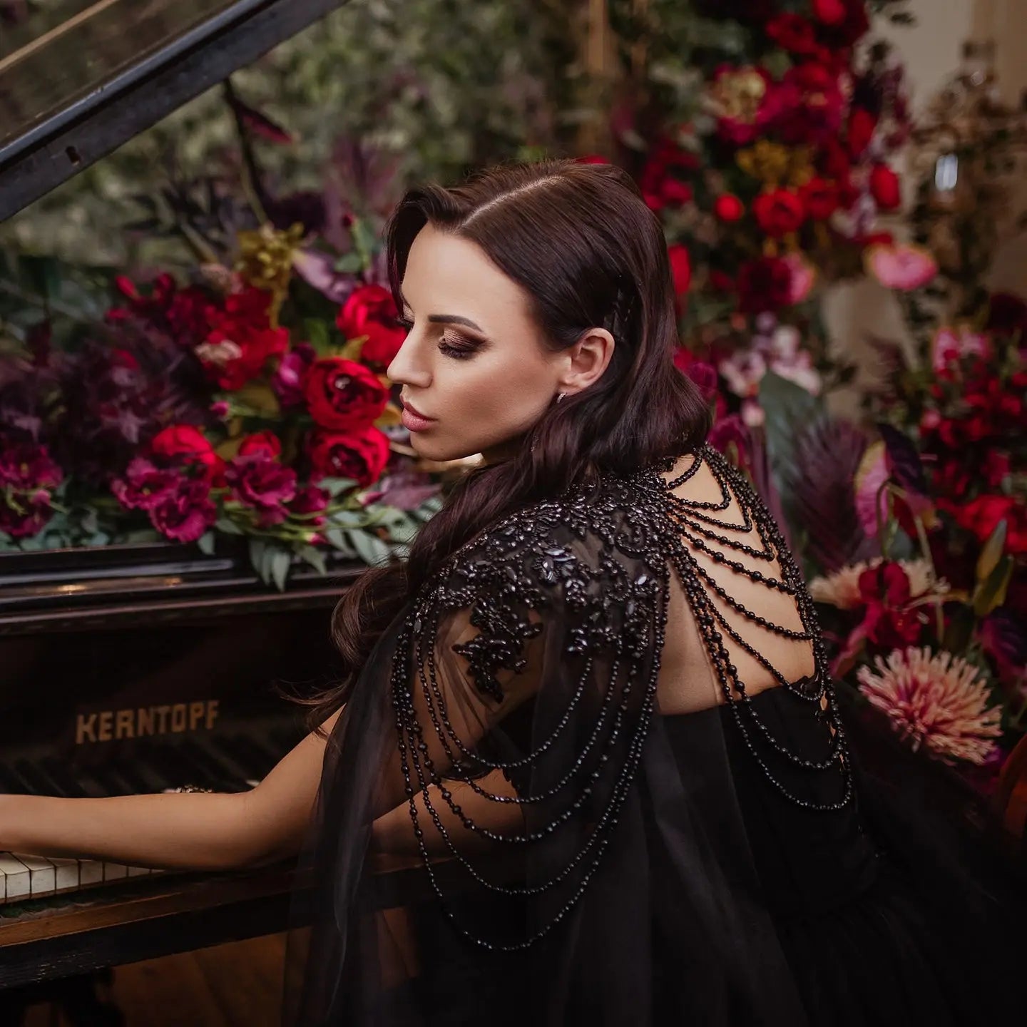 Black Luxury Gothic Wedding Dress Beaded Tulle Ball Gown With Sheer Beaded Cape ZP028