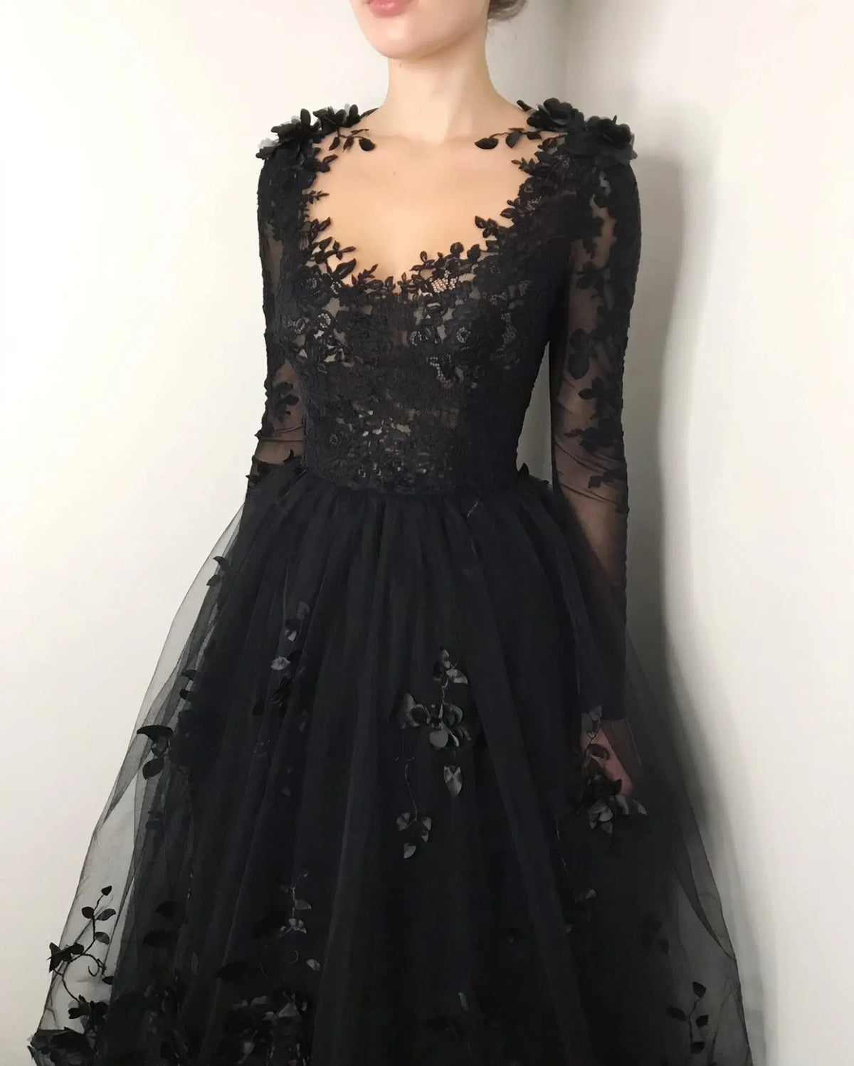 Black Luxury Gothic Wedding Dress 3D Floral Lace Tulle Sweep Train ZP026
