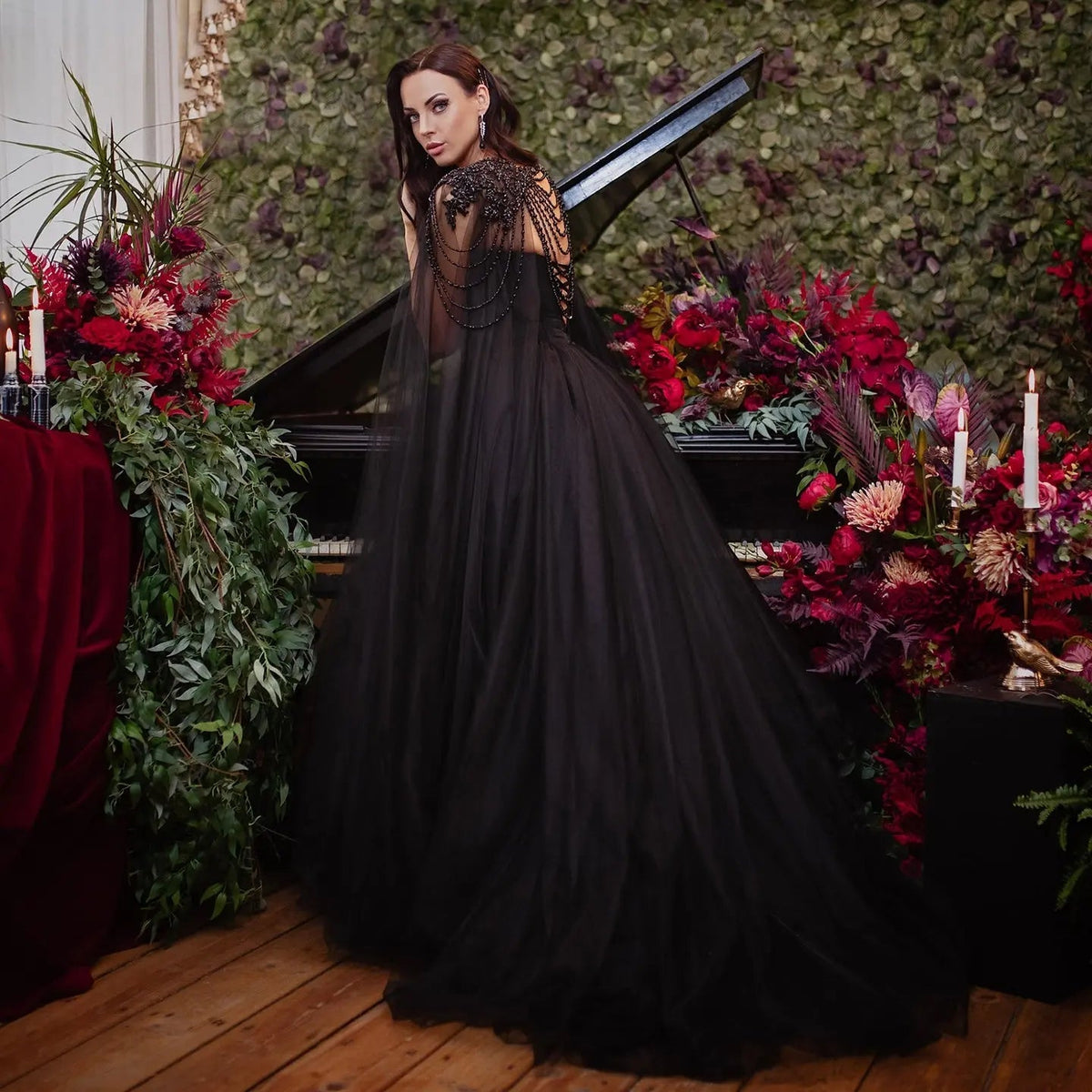 Black Luxury Gothic Wedding Dress Beaded Tulle Ball Gown With Sheer Beaded Cape ZP028