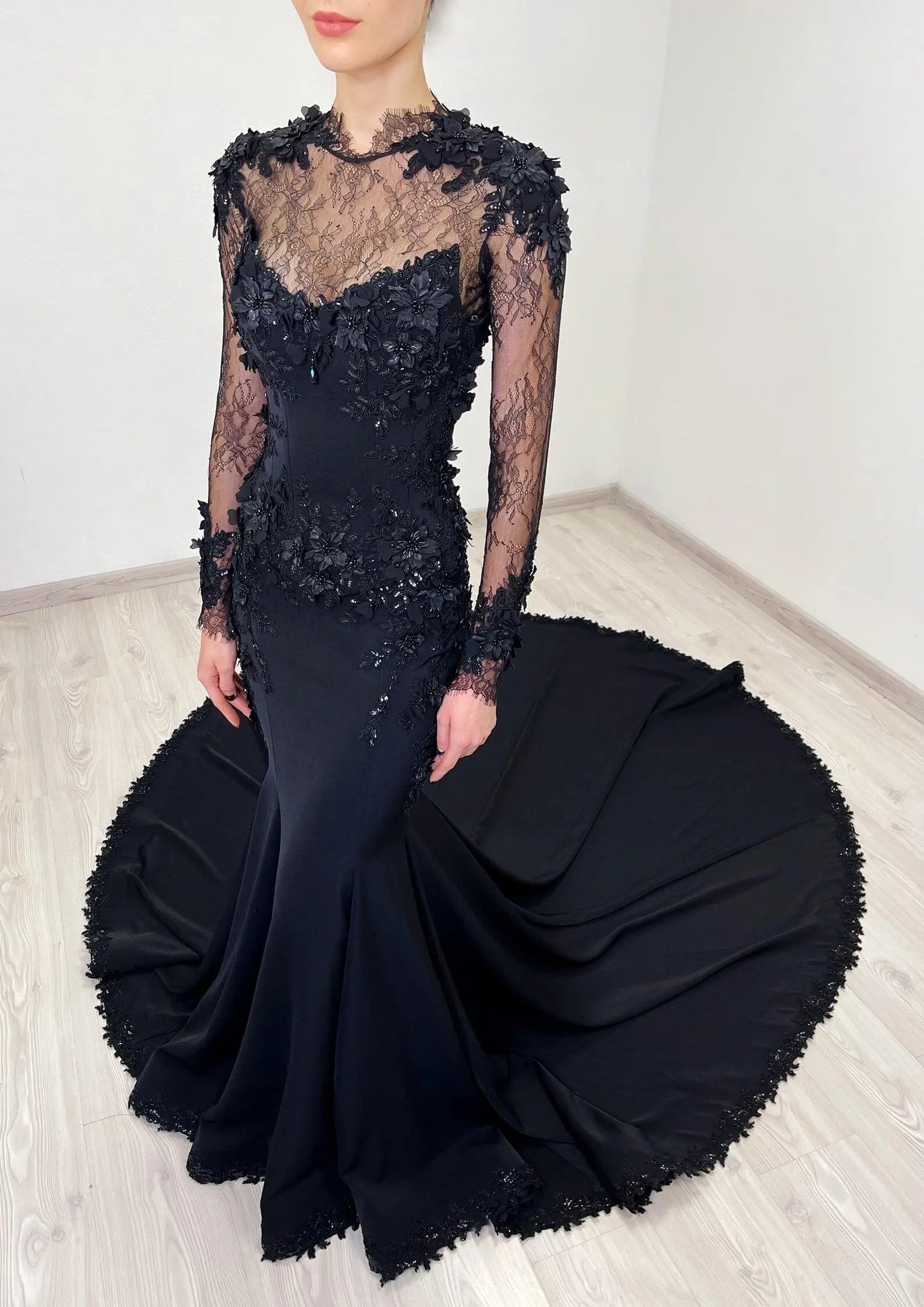 Black Luxury Gothic Wedding Dress Mermaid 3D Floral With Lace Edge Train ZP194