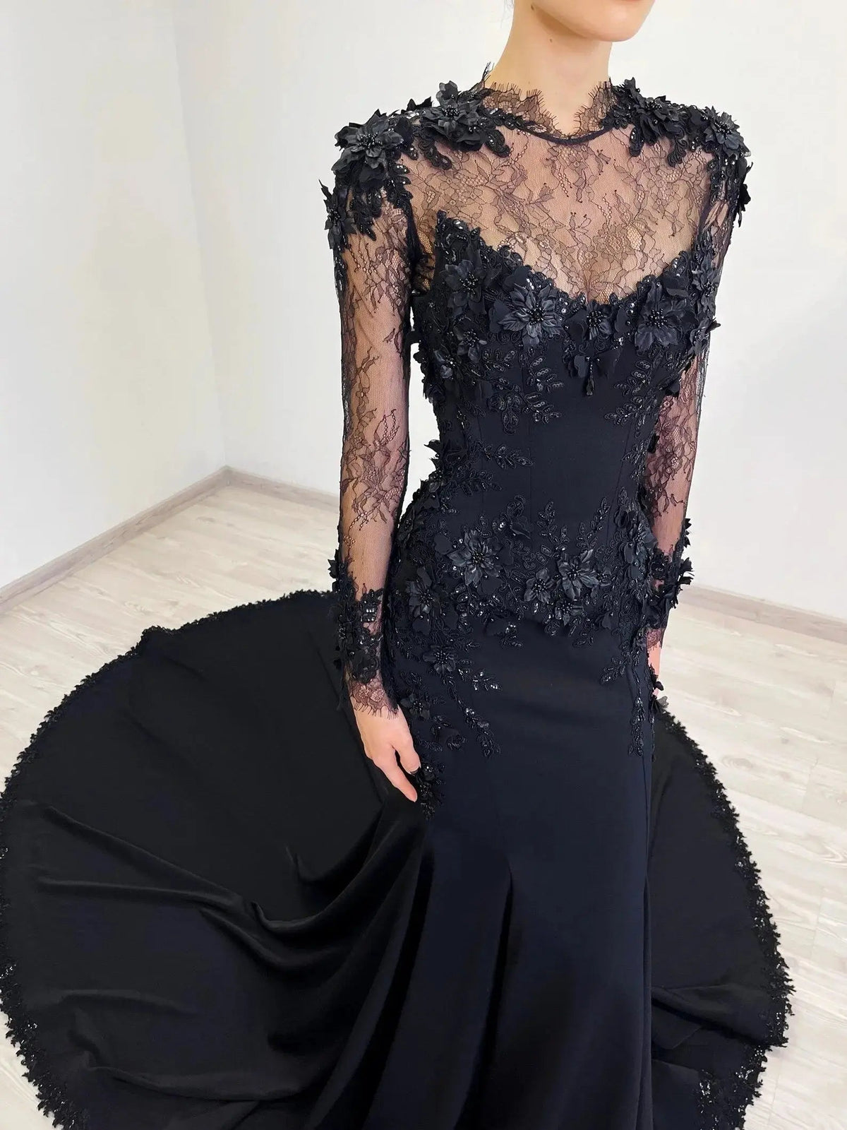 Black Luxury Gothic Wedding Dress Mermaid 3D Floral With Lace Edge Train ZP194