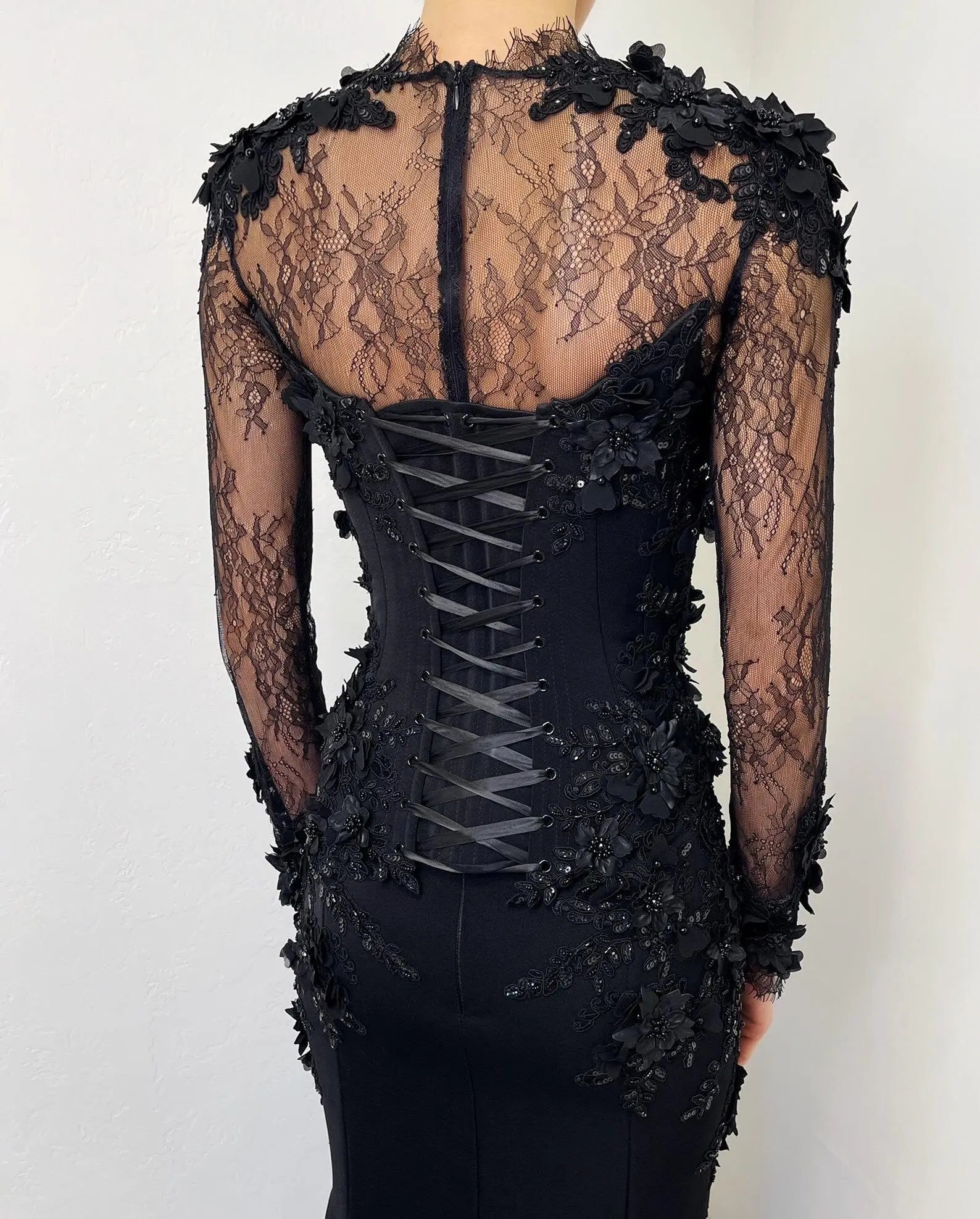 Black Luxury Gothic Wedding Dress Mermaid 3D Floral With Lace Edge Train ZP194