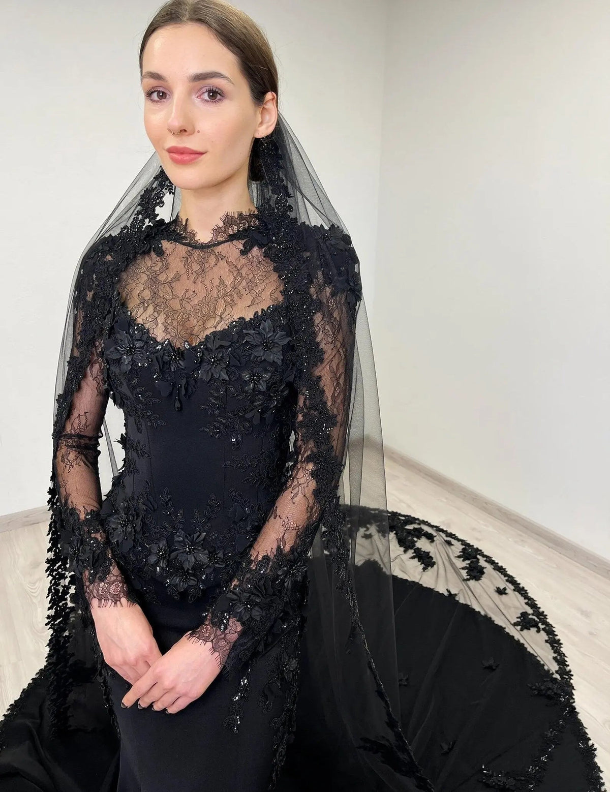 Black Luxury Gothic Wedding Dress Mermaid 3D Floral With Lace Edge Train ZP194 - View 6 | VelvetHem