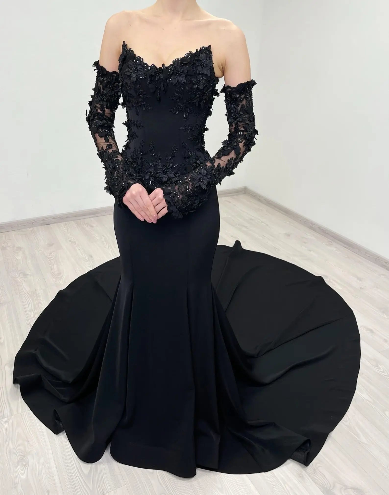 Black Luxury Gothic Wedding Dress Mermaid 3D Floral Lace ZP195