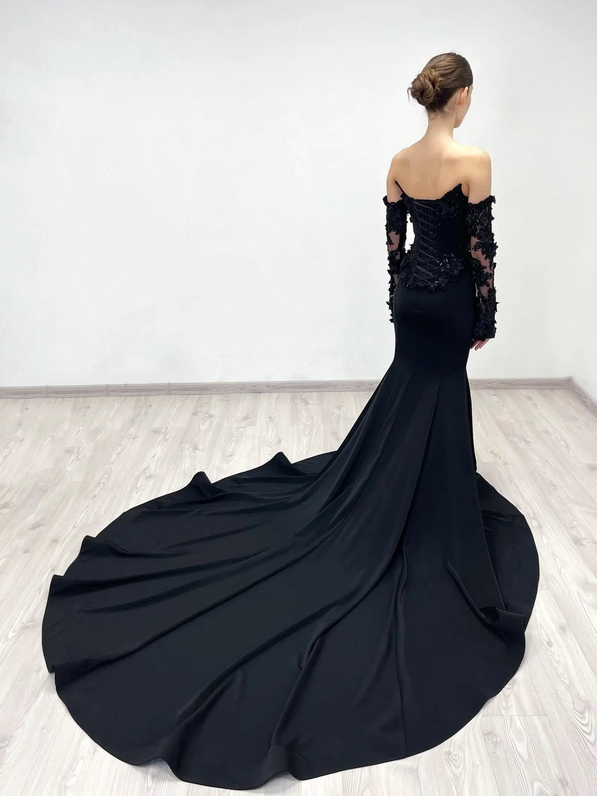 Black Luxury Gothic Wedding Dress Mermaid 3D Floral Lace ZP195