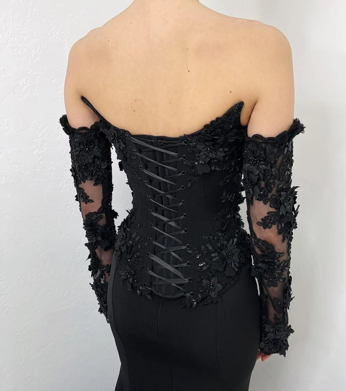 Black Luxury Gothic Wedding Dress Mermaid 3D Floral Lace ZP195
