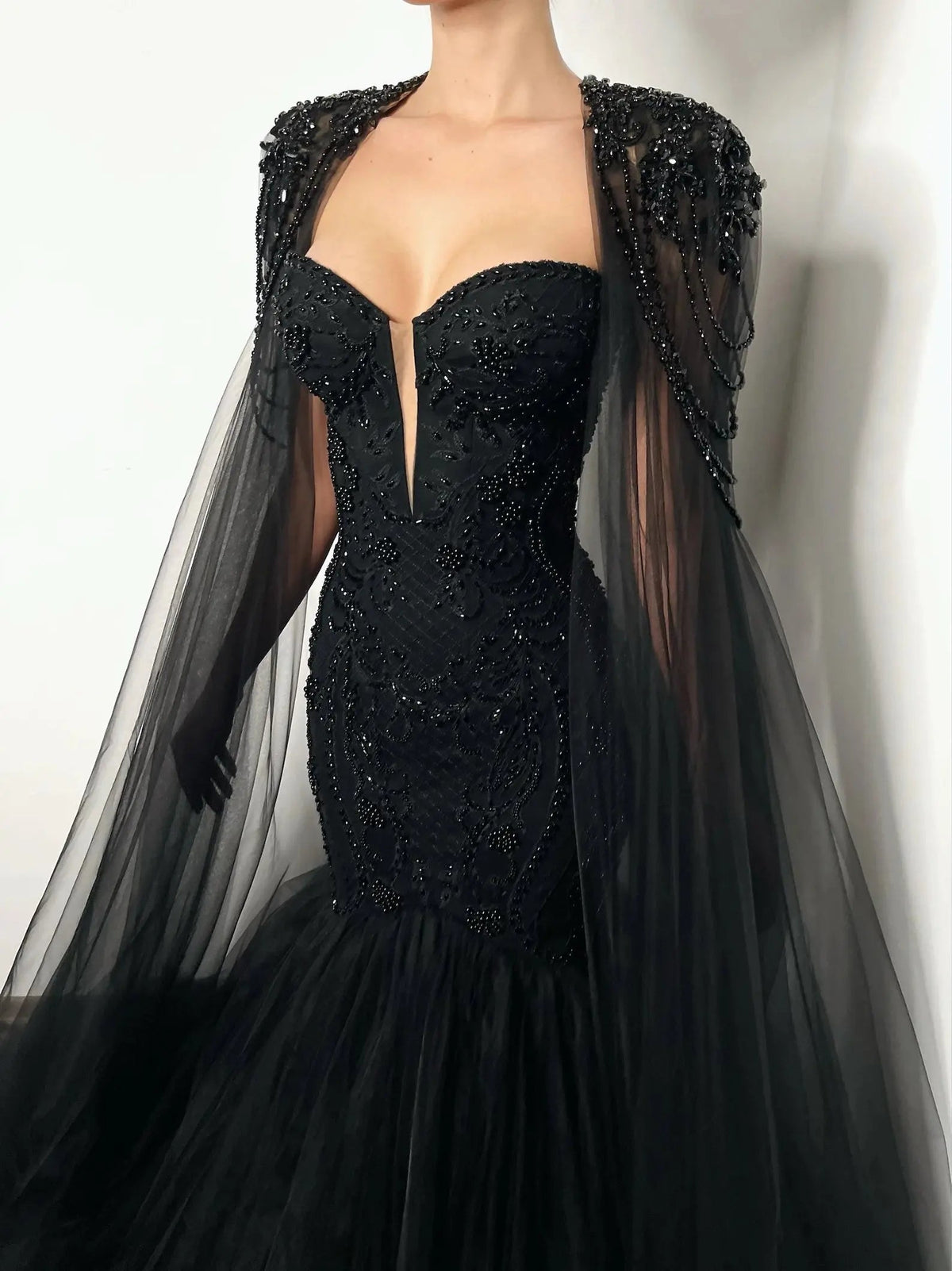 Black Luxury Gothic Wedding Dress Mermaid Beaded Lace Tassel Cape ZP196