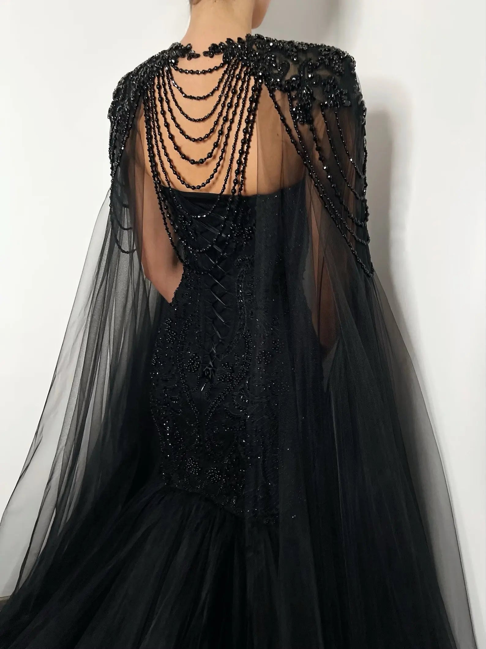 Black Luxury Gothic Wedding Dress Mermaid Beaded Lace Tassel Cape ZP196
