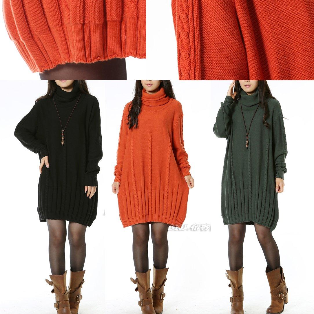 Blackish green sweater dresses turtle neck Plus size