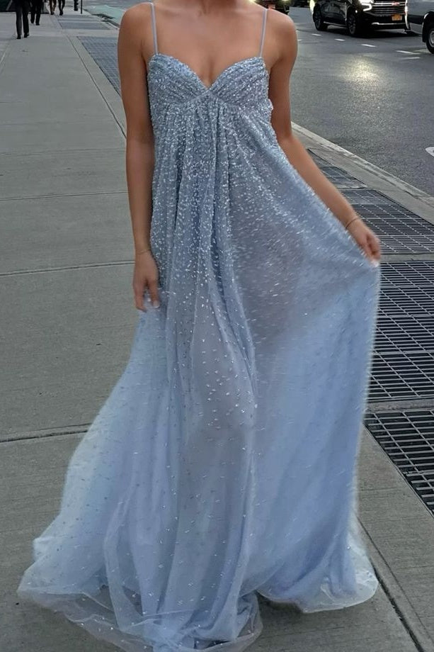 Shine A Line Spaghetti Straps Grey Blue Long Prom Dress