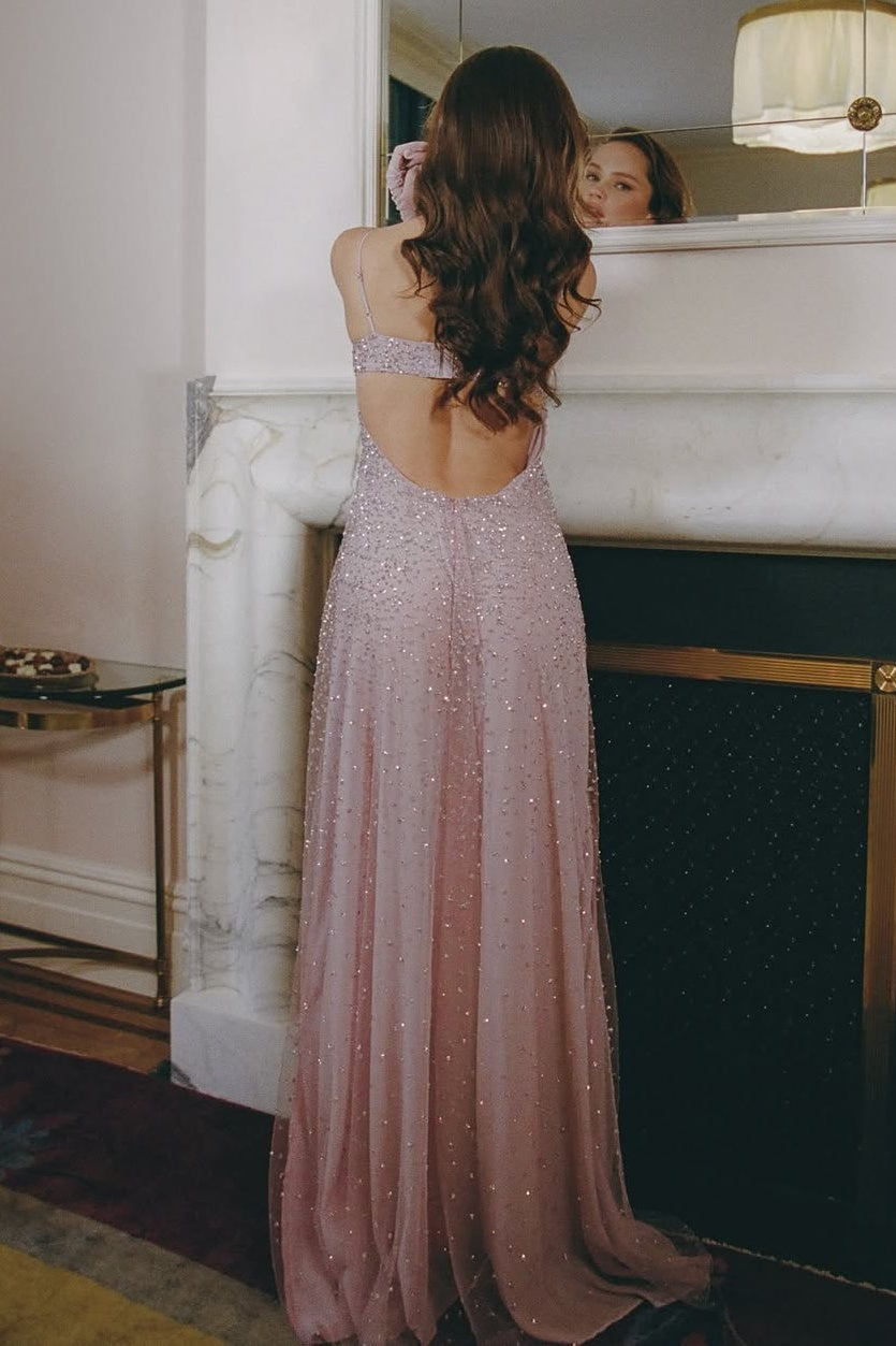 Shine A Line Spaghetti Straps Grey Blue Long Prom Dress