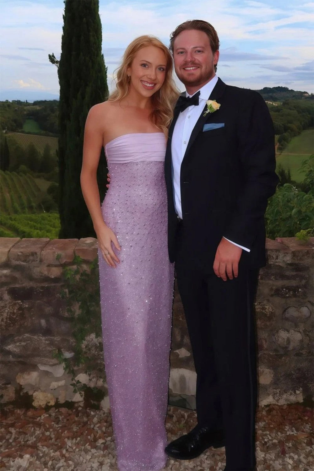 Bling Sheath Strapless Lilac Long Prom Dress with Pearls