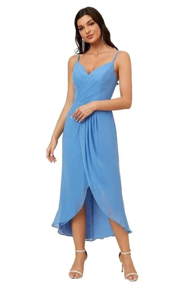 Numbersea Spaghetti Chiffon V Neck Bridesmaid Dress Mid-Length Slit Formal Prom Dress Homecoming Dress 2803 by numbersea