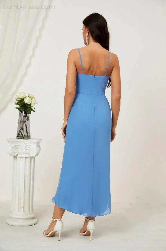ZapDress Spaghetti Chiffon V Neck Bridesmaid Dress Mid-Length Slit Formal Prom Dress Homecoming Dress 2803 (ZD16952)