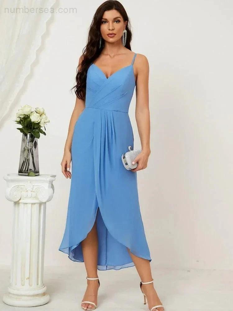 ZapDress Spaghetti Chiffon V Neck Bridesmaid Dress Mid-Length Slit Formal Prom Dress Homecoming Dress 2803 (ZD16952)