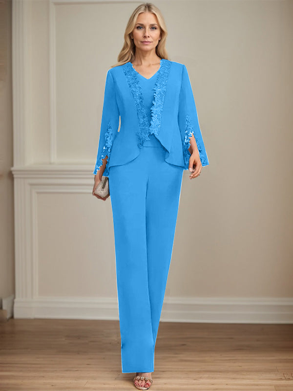 Separates Jumpsuit/Pantsuit V-Neck Floor-Length Chiffon Mother of the Bride Dress - View 11 | FashionDia