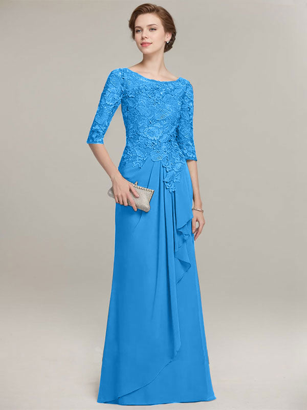 A-line Scoop Illusion Floor-Length Lace Chiffon Mother of the Bride Dress With Cascading Ruffles - View 10 | FashionDia
