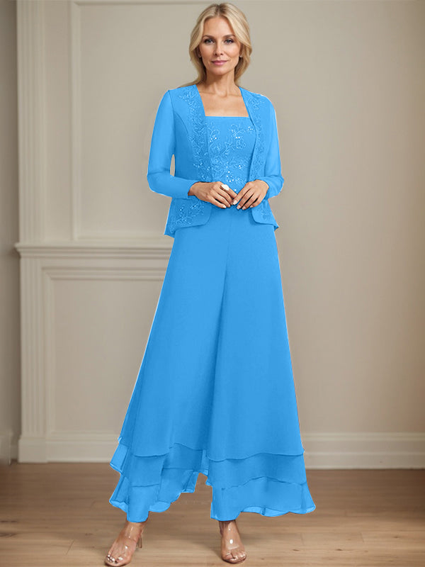 Separates Jumpsuit/Pantsuit Square Ankle-Length Lace Chiffon Mother of the Bride Dress With Sequins - View 14 | FashionDia