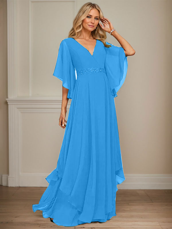 A-line V-Neck Floor-Length Chiffon Mother of the Bride Dress With Sequins Appliques Lace Beading - View 15 | FashionDia