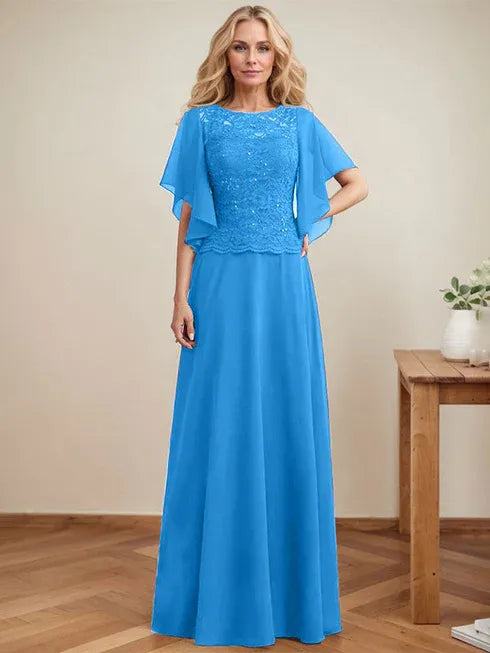 A-line Scoop Illusion Floor-Length Lace Chiffon Mother of the Bride Dress With Sequins - View 10 | FashionDia