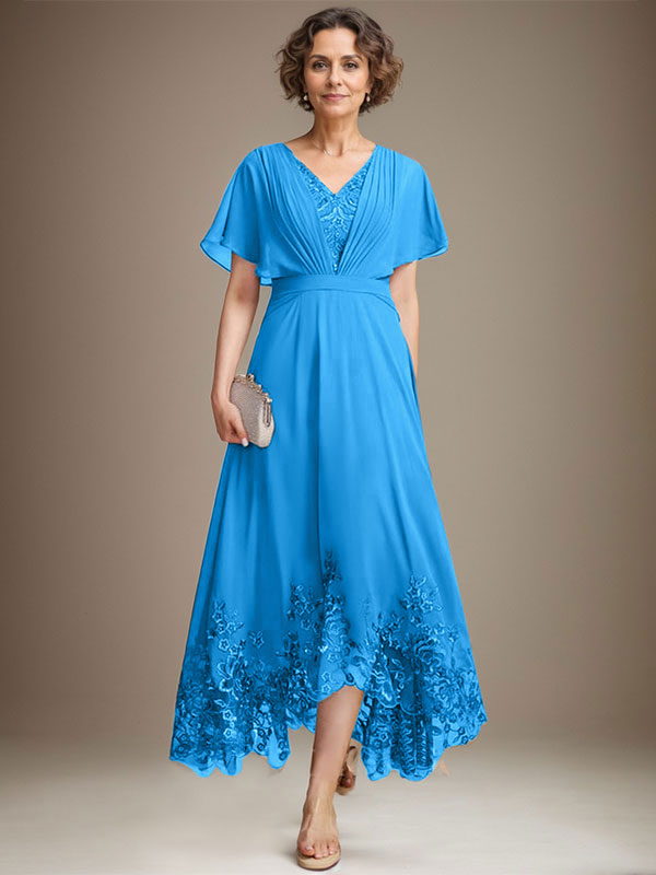 A-line V-Neck Asymmetrical Lace Chiffon Mother of the Bride Dress With Pleated - View 9 | FashionDia