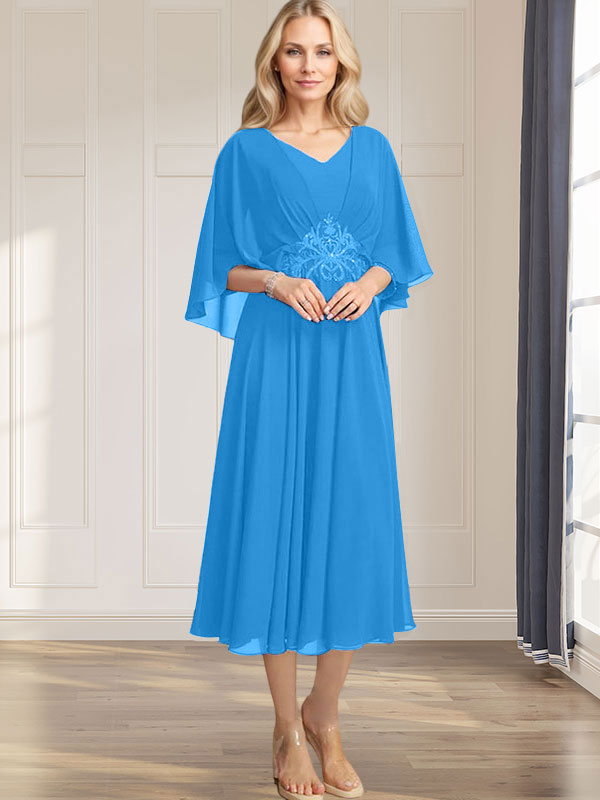 A-line V-Neck Tea-Length Chiffon Mother of the Bride Dress With Pleated Sequins Appliques Lace Beadind - View 10 | FashionDia