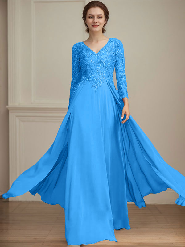 A-line V-Neck Floor-Length Lace Chiffon Mother of the Bride Dress With Sequins - View 15 | FashionDia