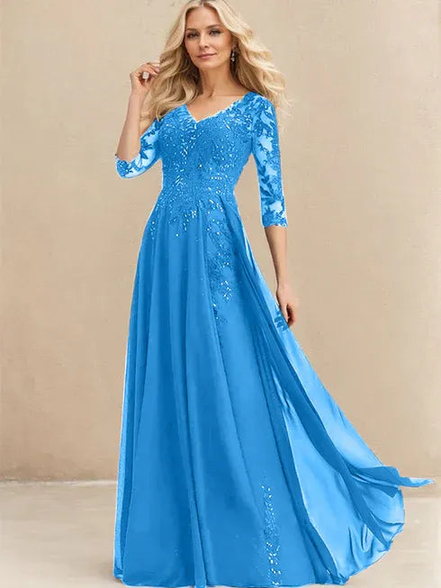 A-line V-Neck Floor-Length Lace Chiffon Mother of the Bride Dress With Sequins - View 8 | FashionDia