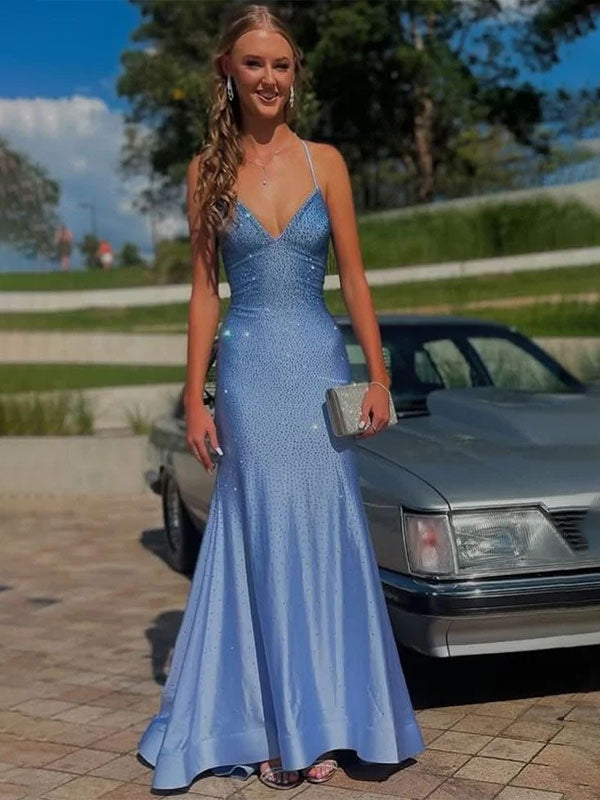 Blue Mermaid Spaghetti Straps V-Neck Rhinestone Long Prom Dress - FashionDia