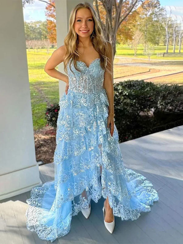 Blue A-Line Strapless V-Neck Appliques Tiered Prom Dress with Slit - FashionDia