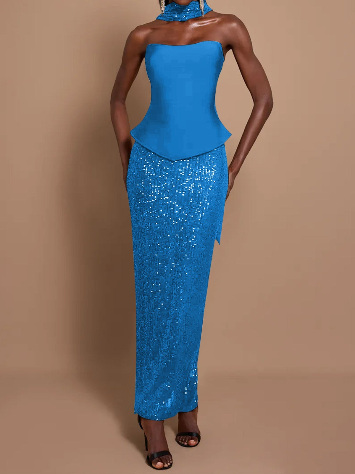 Off-Shoulder Bandage Top & Sequin Midi Skirt Set - View 3 | FashionDia