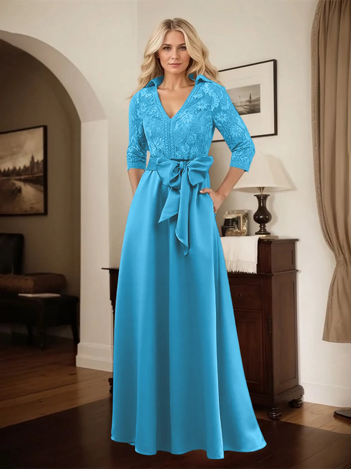 Classic V-Neck Bow Accented Satin Mother Of The Bride Dress With Lace - View 6 | FashionDia