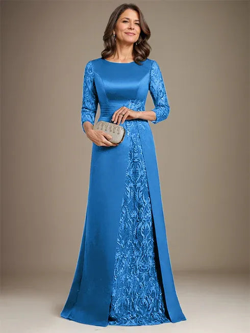 A-Line Scoop Floor-Length Lace Satin Mother Of the Bride Dress With Applique - View 12 | FashionDia