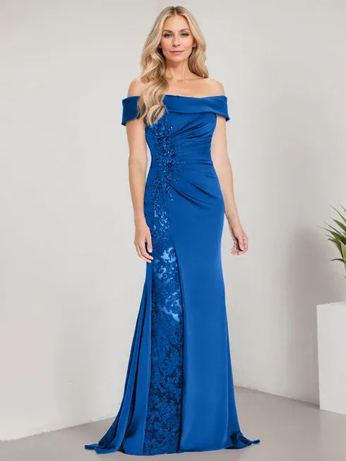 A-Line Off-the-Shoulder Floor-Length Mother of the Bride Dress Applique Beadings Mermaid Dress With High Split - View 7 | FashionDia