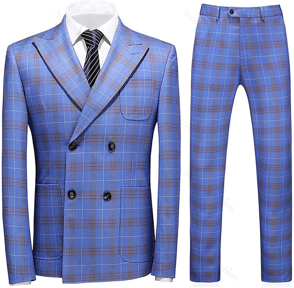 Blue Double Breasted Plaid Business Suit for Men