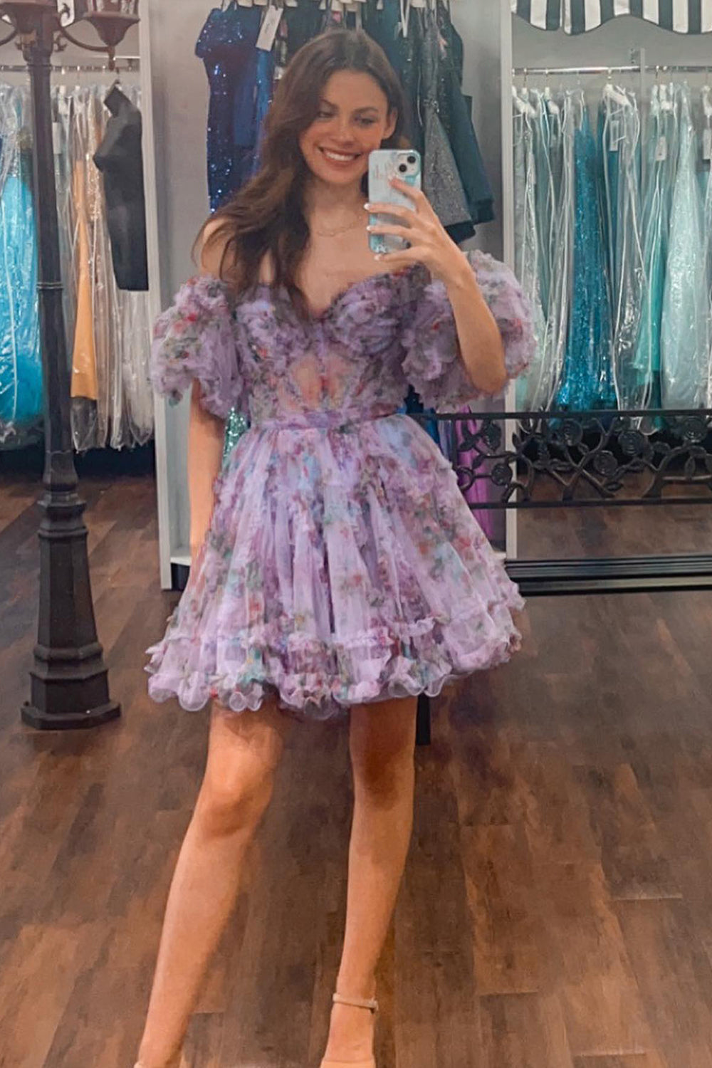Blue Homecoming Dresses Corset Off The Shoulder Floral A-Line Short Cocktail Dresses