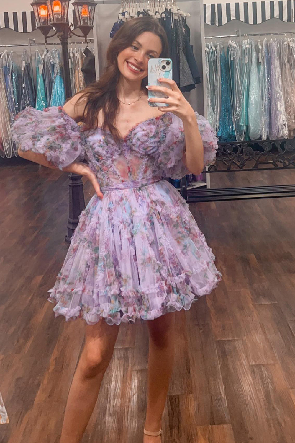 Blue Homecoming Dresses Corset Off The Shoulder Floral A-Line Short Cocktail Dresses