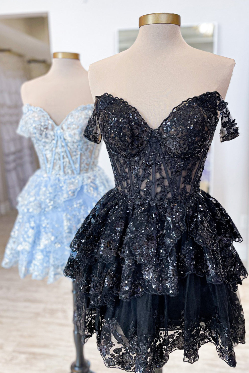 Blue Homecoming Dresses Corset Tiered Lace A-Line Prom Dress