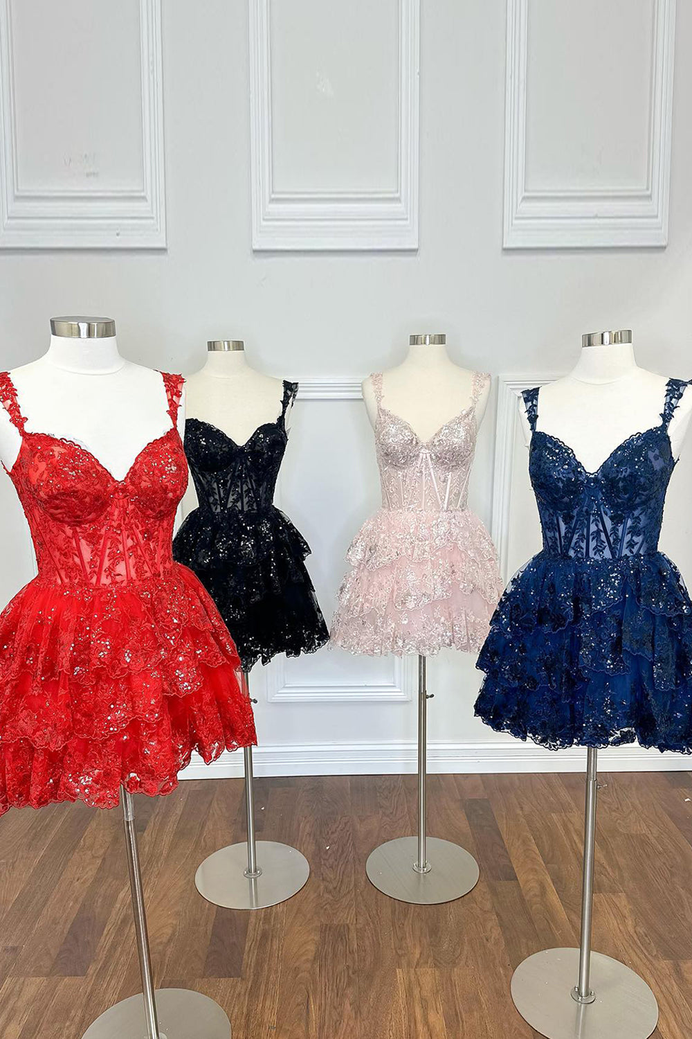 Blue Homecoming Dresses Corset Tiered Lace A-Line Prom Dress