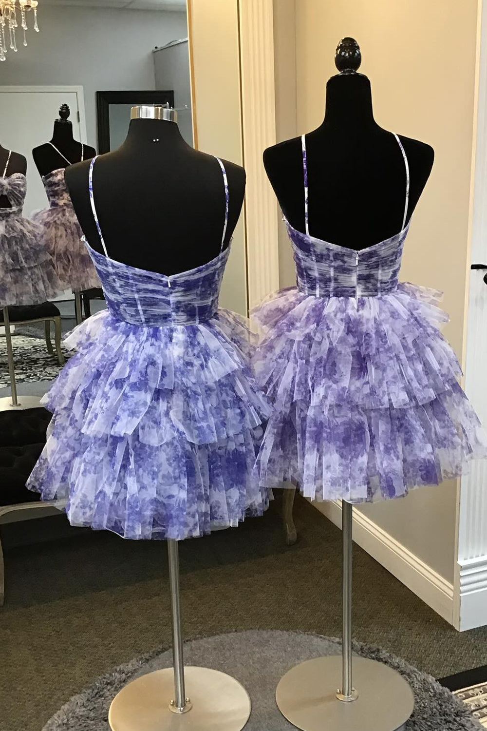 Blue Homecoming Dresses Halter A Line Tiered Floral Printed Prom Dress