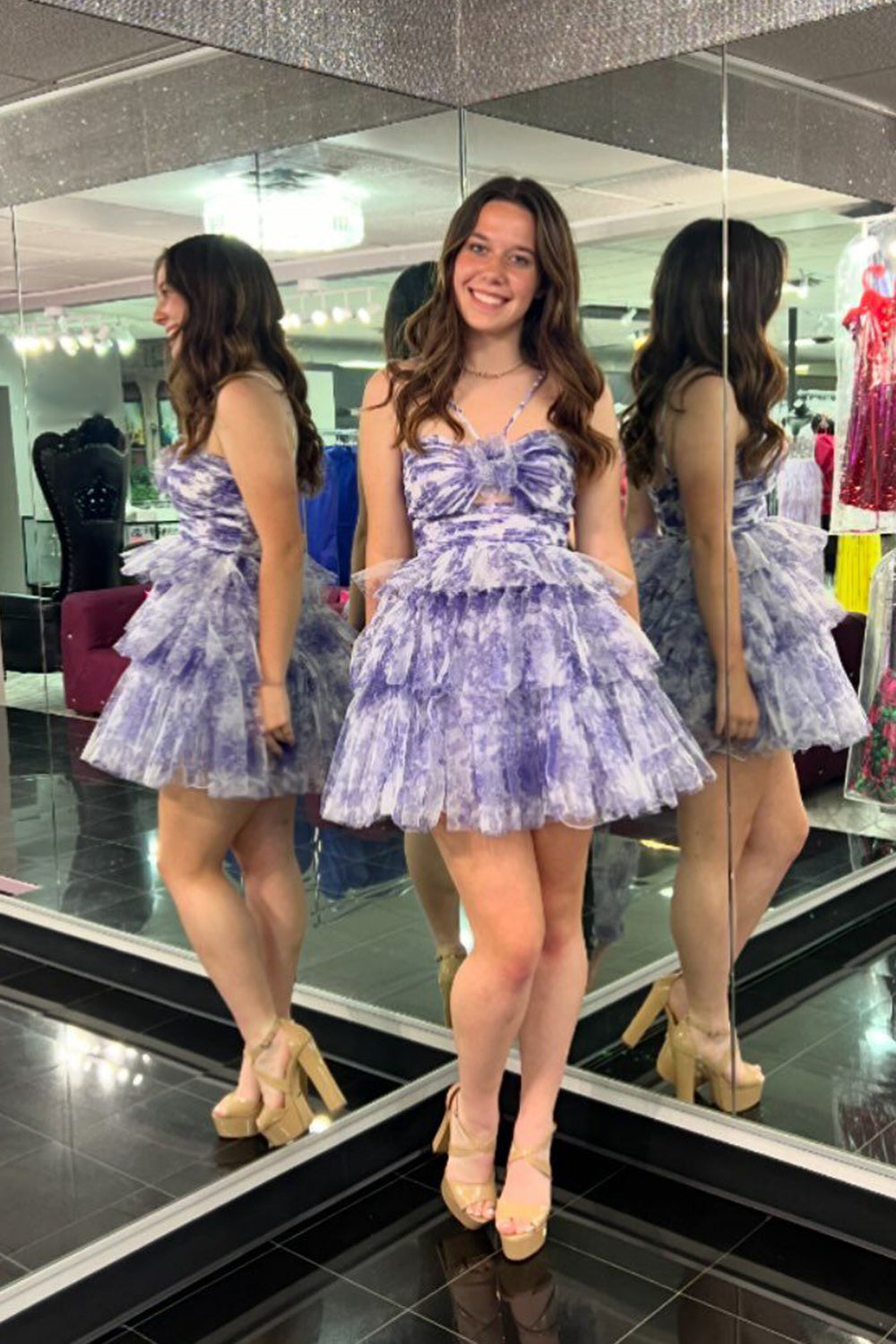 Blue Homecoming Dresses Halter A Line Tiered Floral Printed Prom Dress