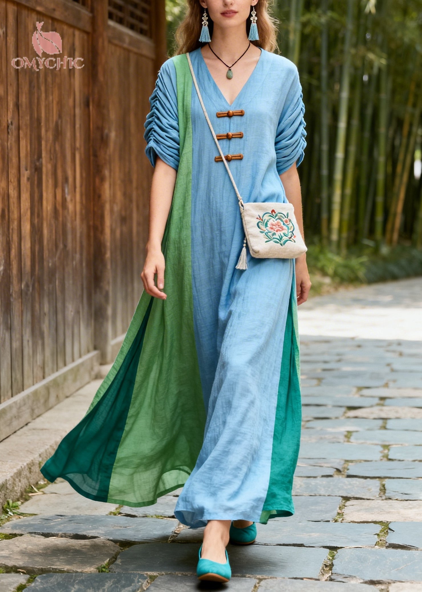 Blue Patchwork Cotton Maxi Dress Asymmetrical Chinese Button Summer