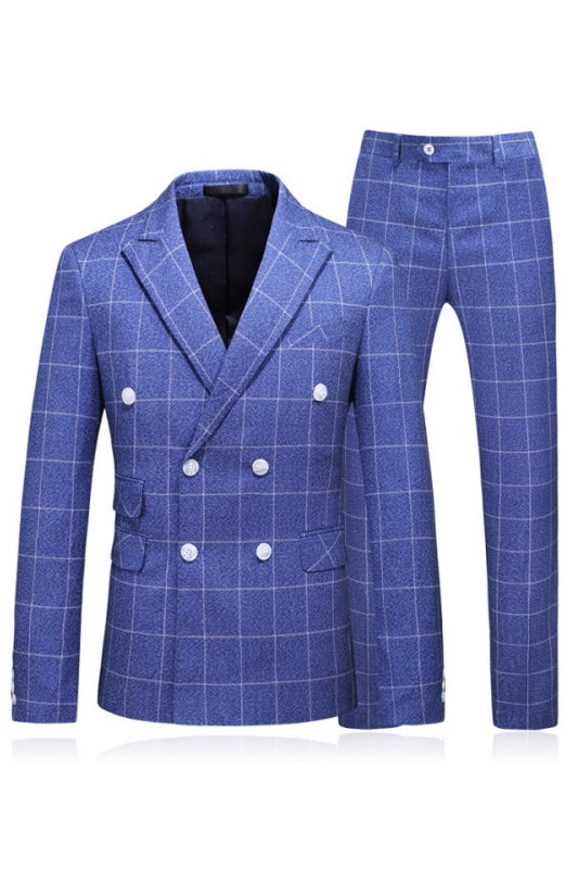 Blue Plaid Two Piece Peaked Lapel Business Suit