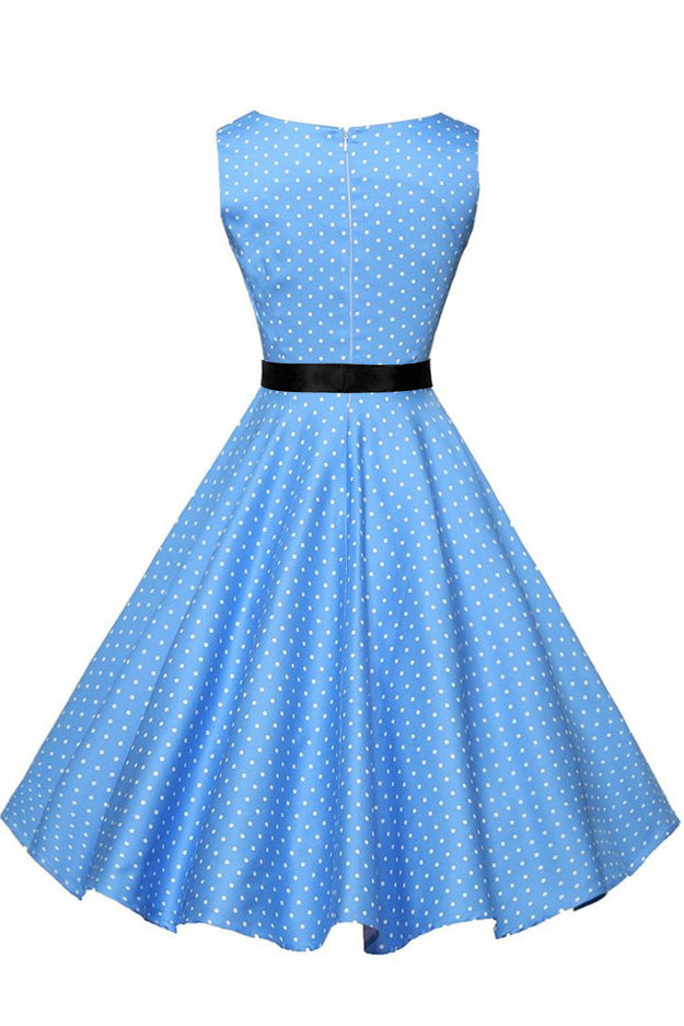 Blue Polka Knot Sleeveless Belted Dress - Fashionpara